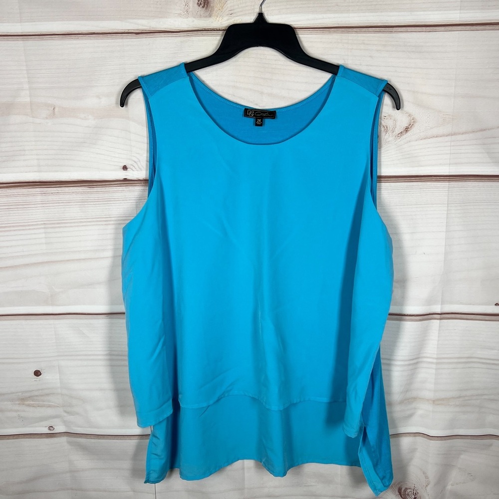 DG2 Diane Gilman Top Women 2X Blue Layered Tank Blouse Woven Knit Pullover Solid